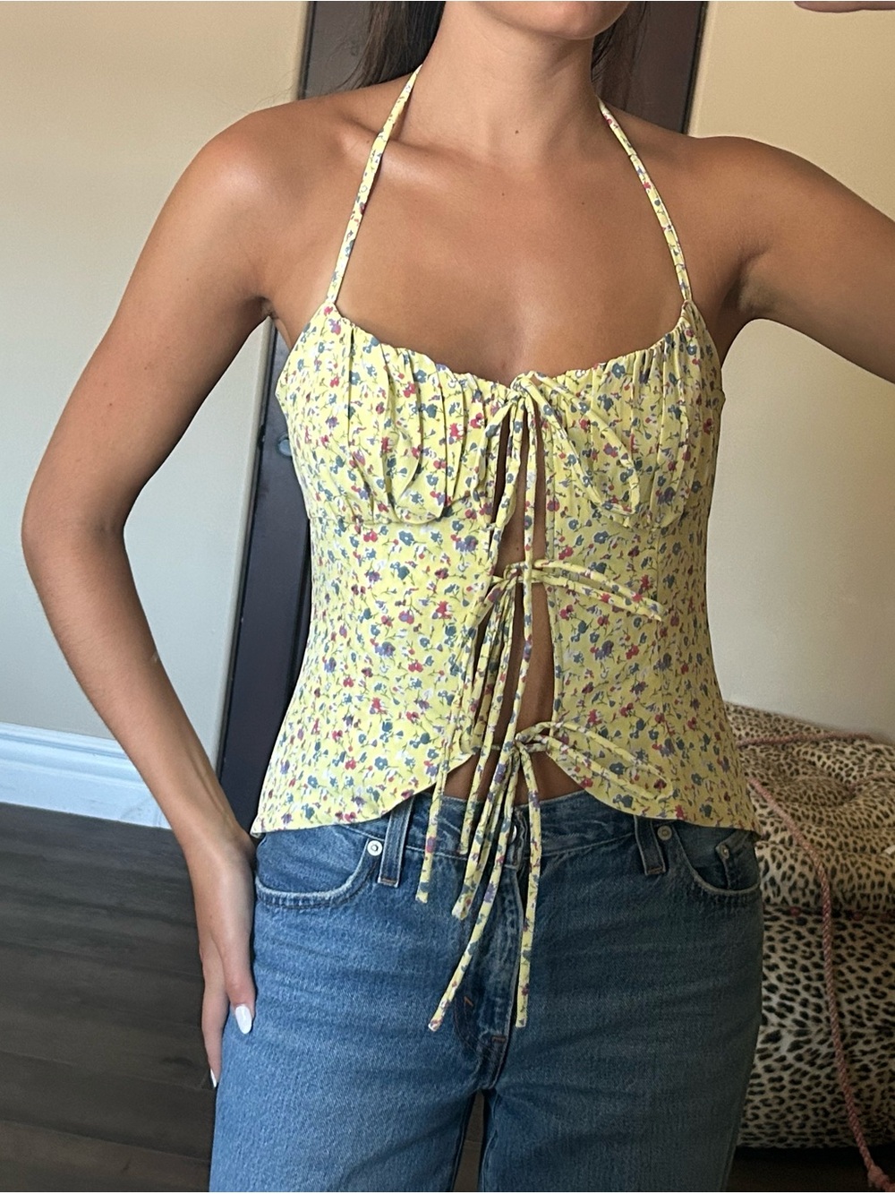 Mixed Gals Yellow Floral Tie-Front Halter Camisole Top with Boning